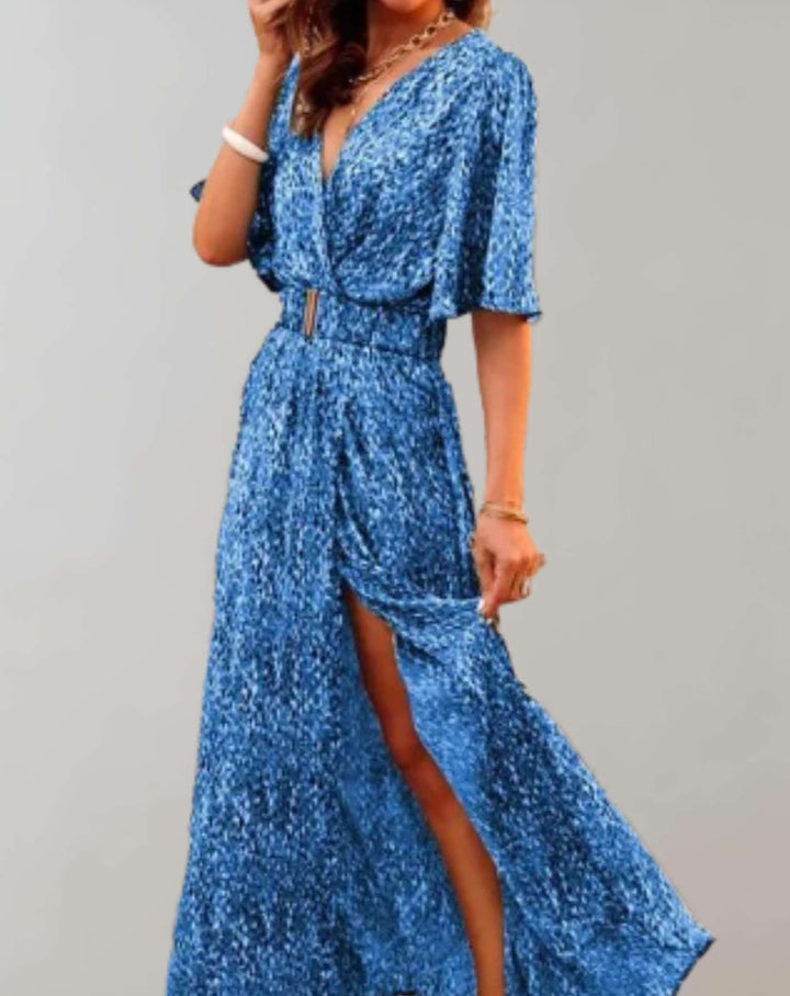 Elegant Printed Wrap Maxi Dress with Short Sleeves and Slit for Women