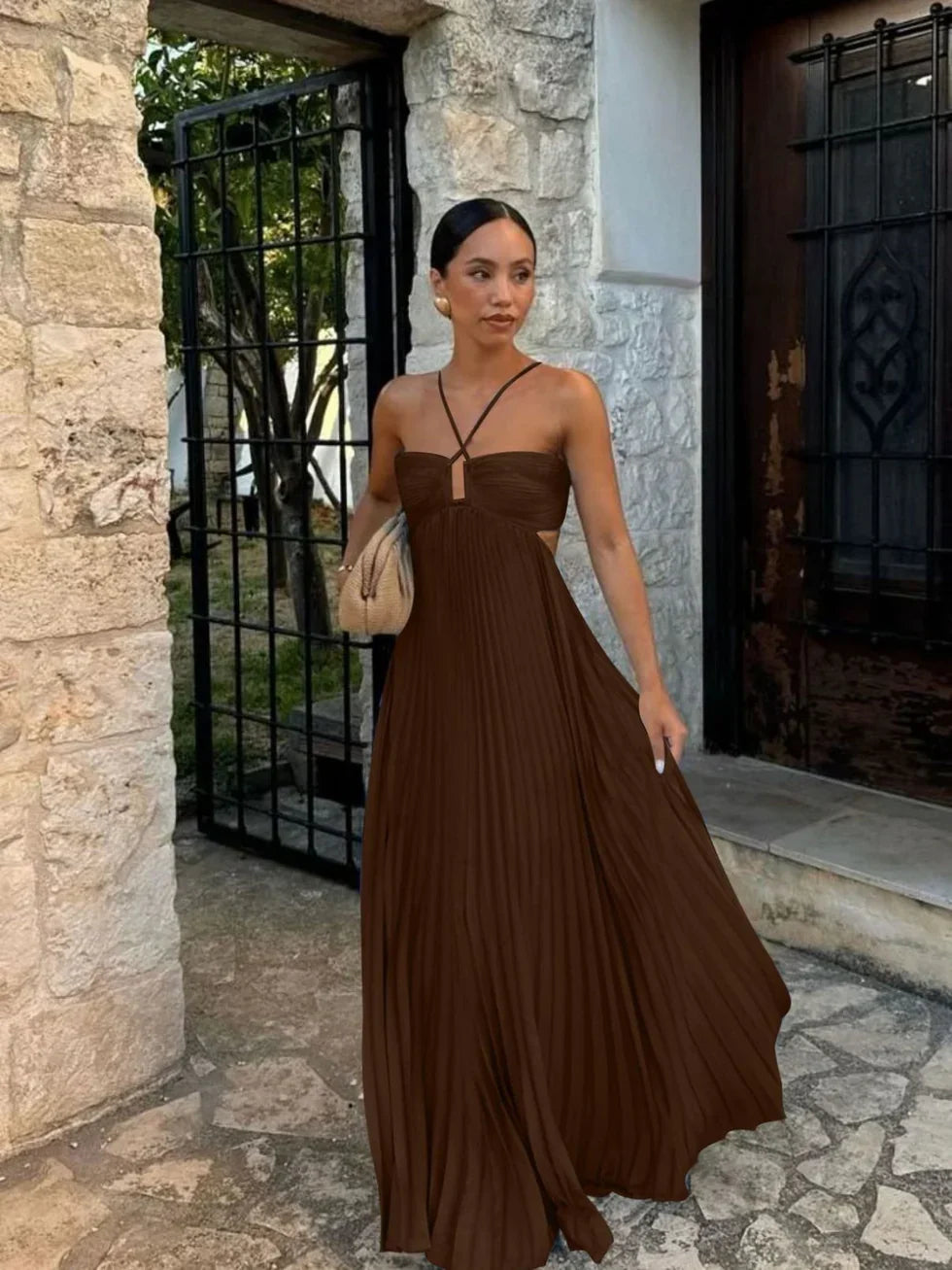 Maxi Dress for Women Fall Halter Neck Pleated Dress with High Waist and Cut-Outs