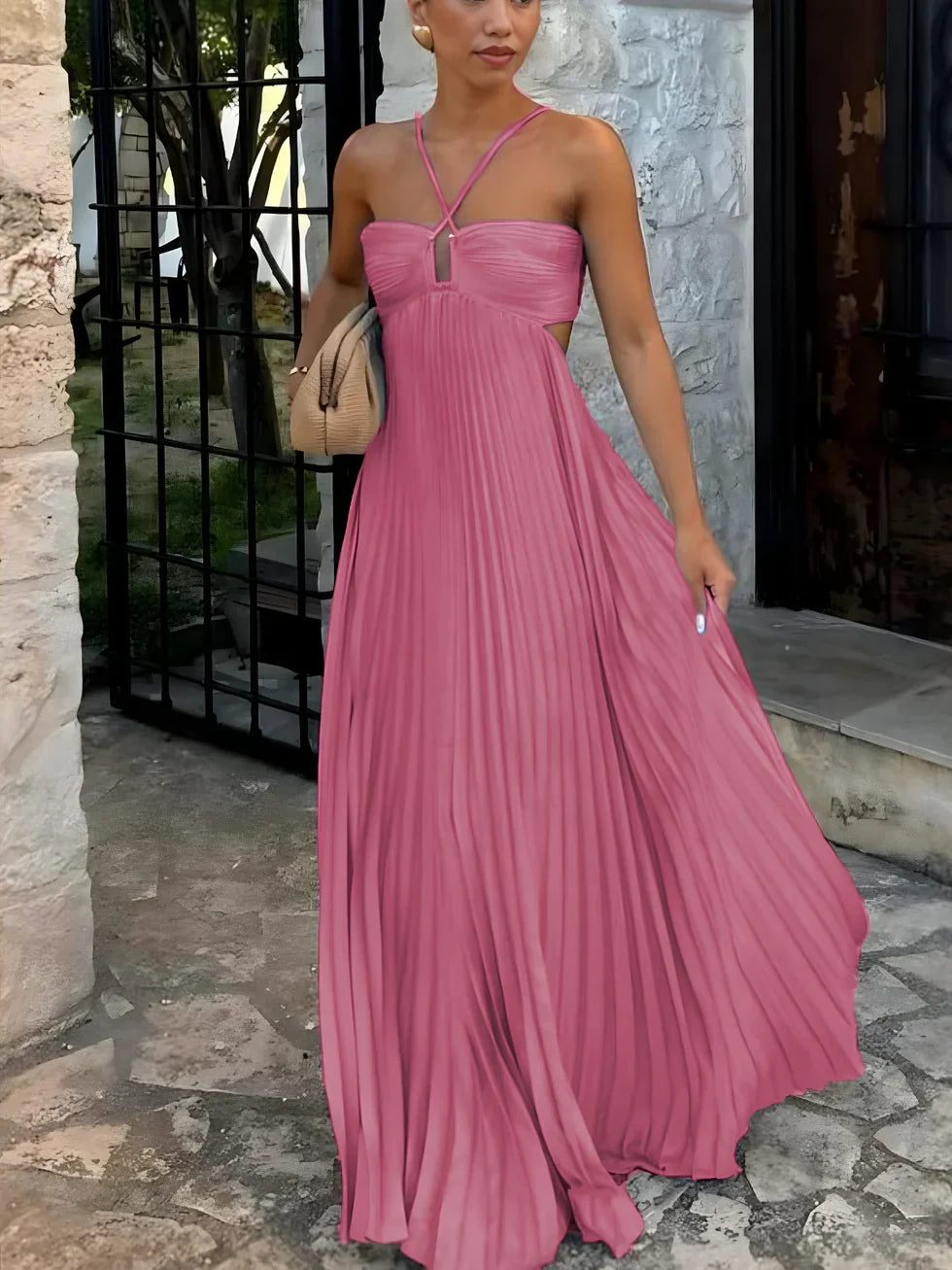 Maxi Dress for Women Fall Halter Neck Pleated Dress with High Waist and Cut-Outs