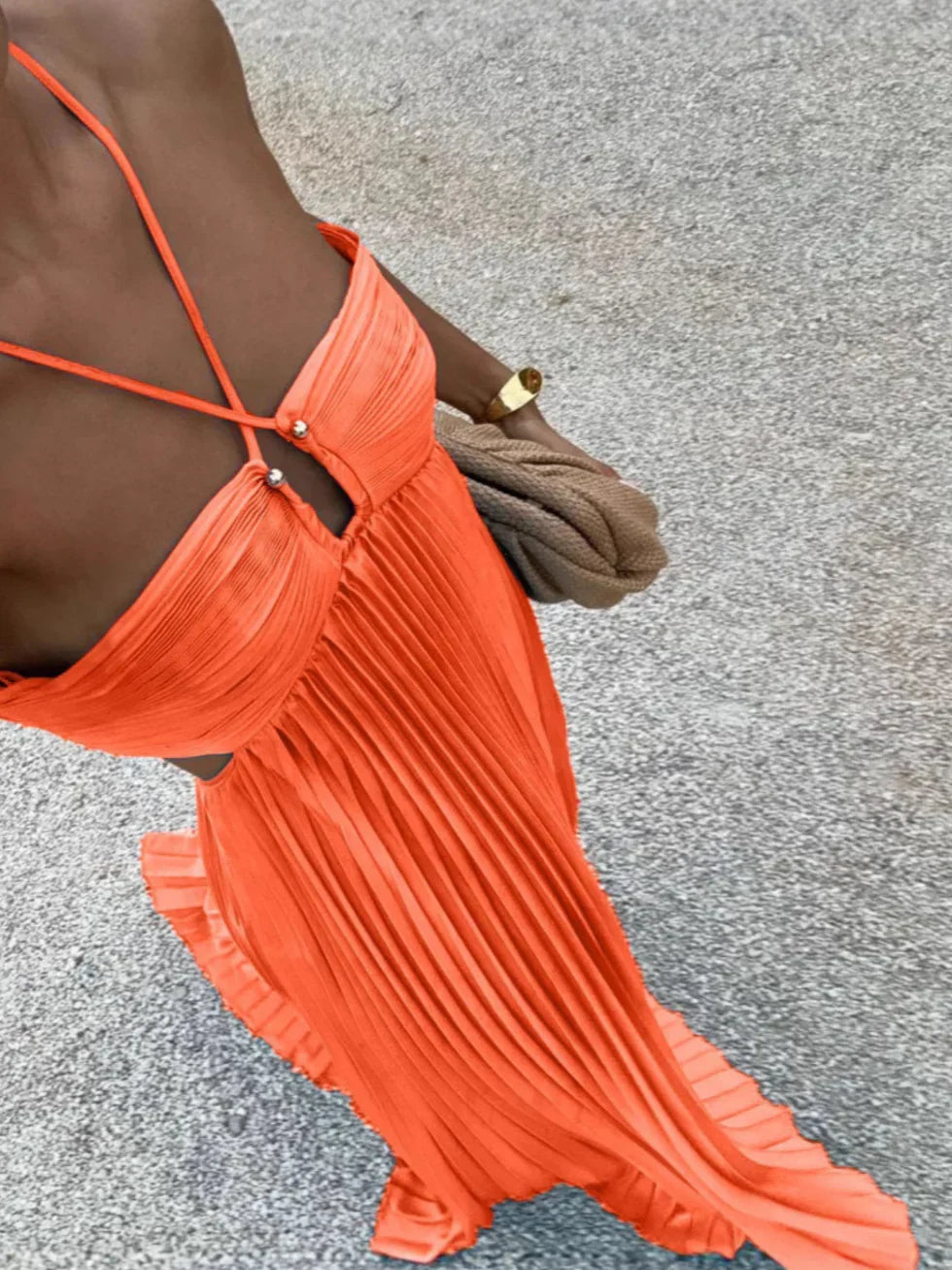 Maxi Dress for Women Fall Halter Neck Pleated Dress with High Waist and Cut-Outs