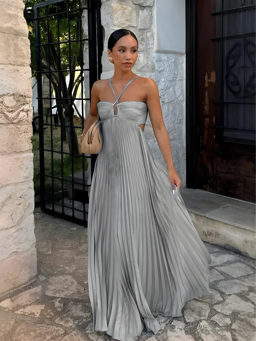 Maxi Dress for Women Fall Halter Neck Pleated Dress with High Waist and Cut-Outs