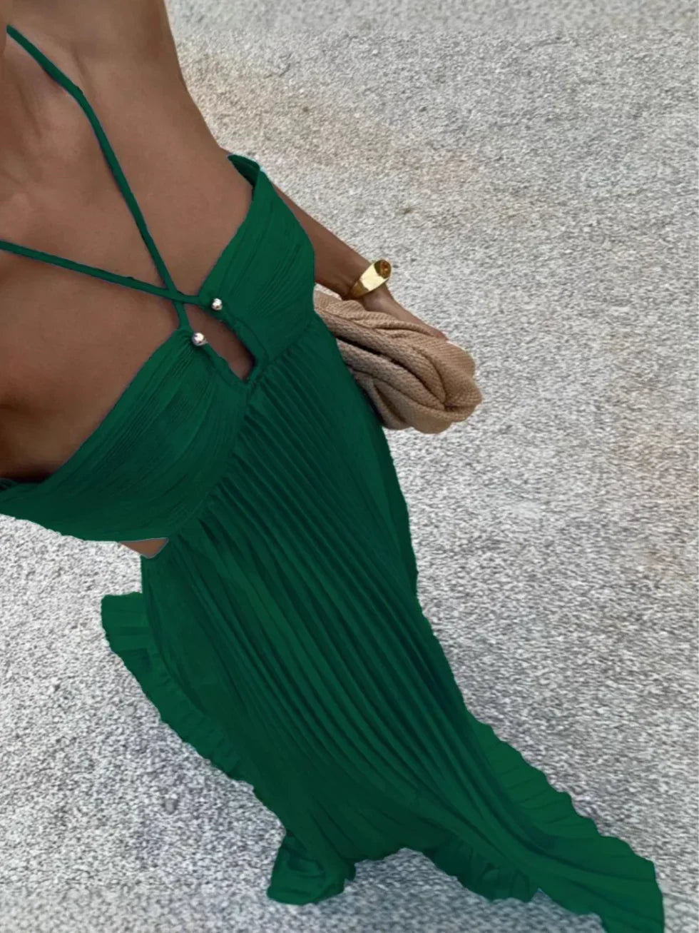 Maxi Dress for Women Fall Halter Neck Pleated Dress with High Waist and Cut-Outs