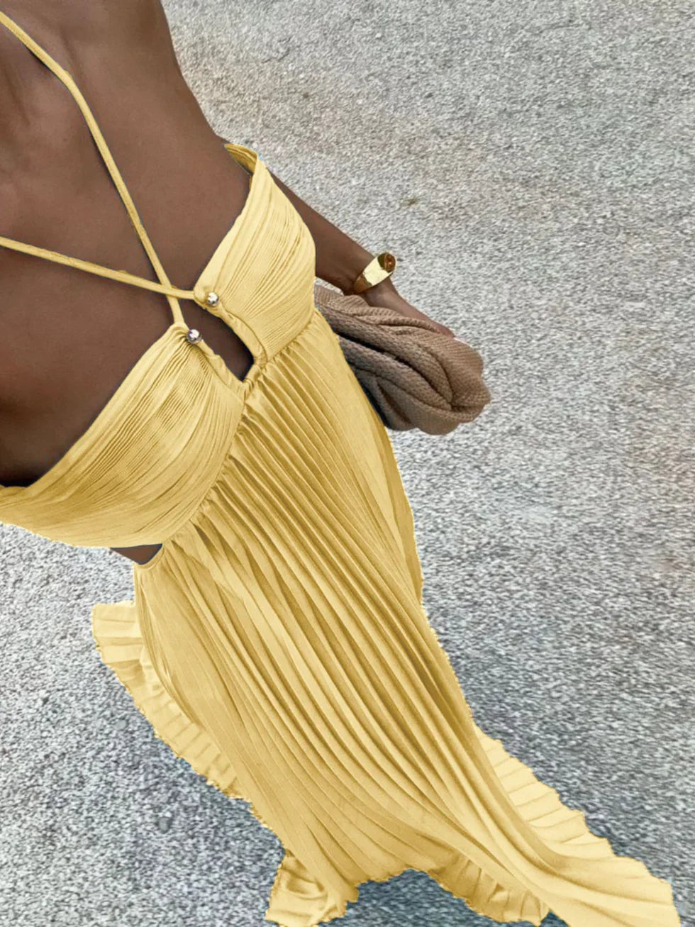 Maxi Dress for Women Fall Halter Neck Pleated Dress with High Waist and Cut-Outs