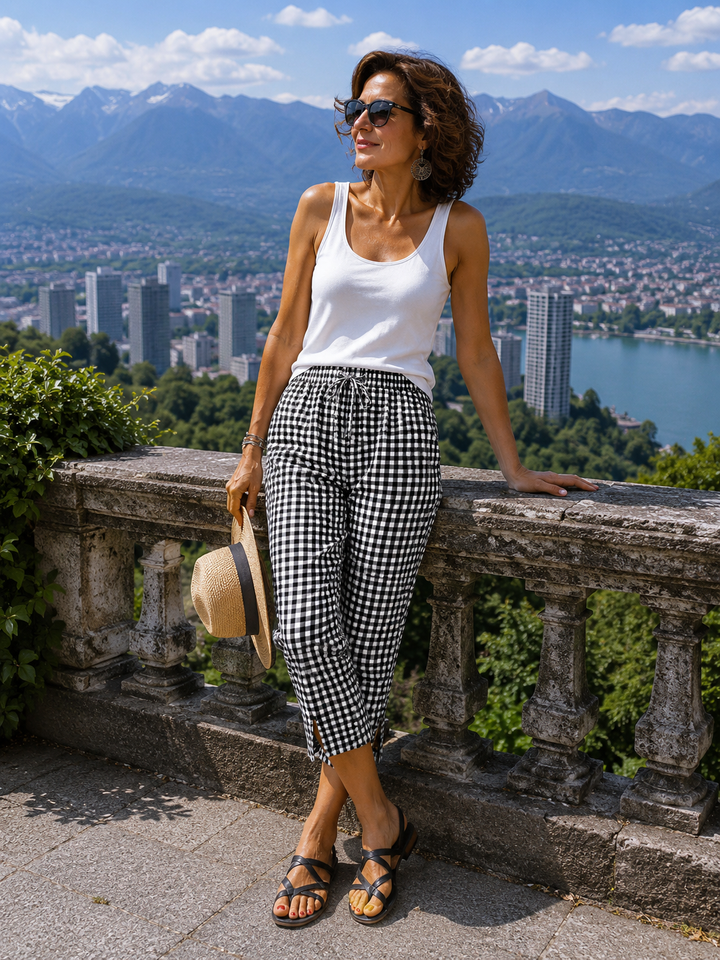 Women's Cotton Capri Pants Autumn Gingham Cropped Trousers