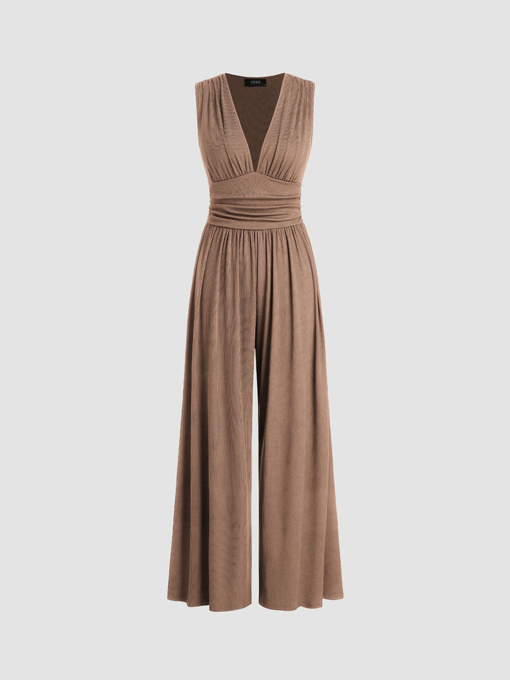 Women's Knit V-Neck Wide-Leg Jumpsuit Autumn Dressy Jumpsuit