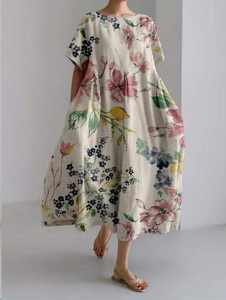 Women's Floral Maxi Dress with Cotton Linen Blend for Autumn Bohemian Style