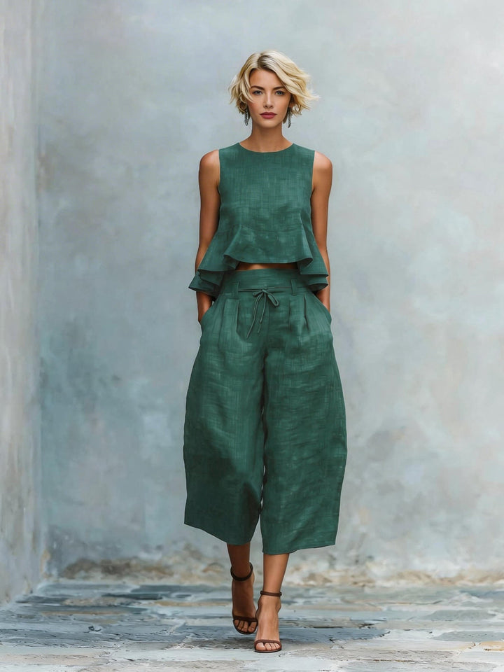 Women's Cotton Two-Piece Set Autumn Ruffle Top Wide-Leg Pants Set