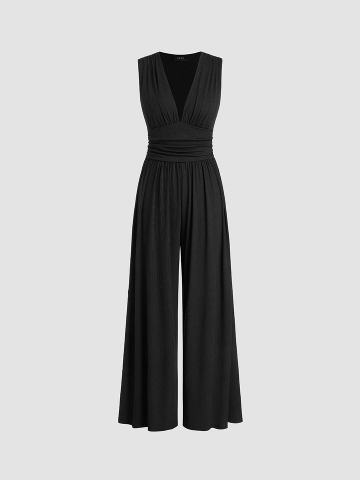Women's Knit V-Neck Wide-Leg Jumpsuit Autumn Dressy Jumpsuit