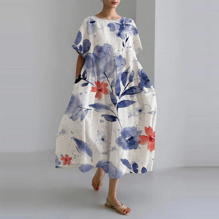 Women's Floral Maxi Dress with Cotton Linen Blend for Autumn Bohemian Style