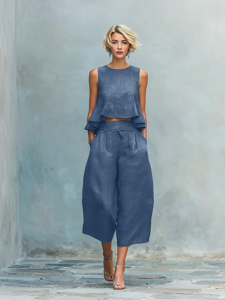 Women's Cotton Two-Piece Set Autumn Ruffle Top Wide-Leg Pants Set