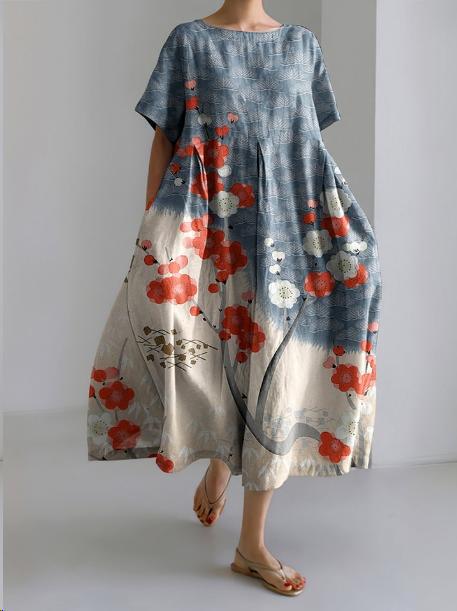 Women's Floral Maxi Dress with Cotton Linen Blend for Autumn Bohemian Style