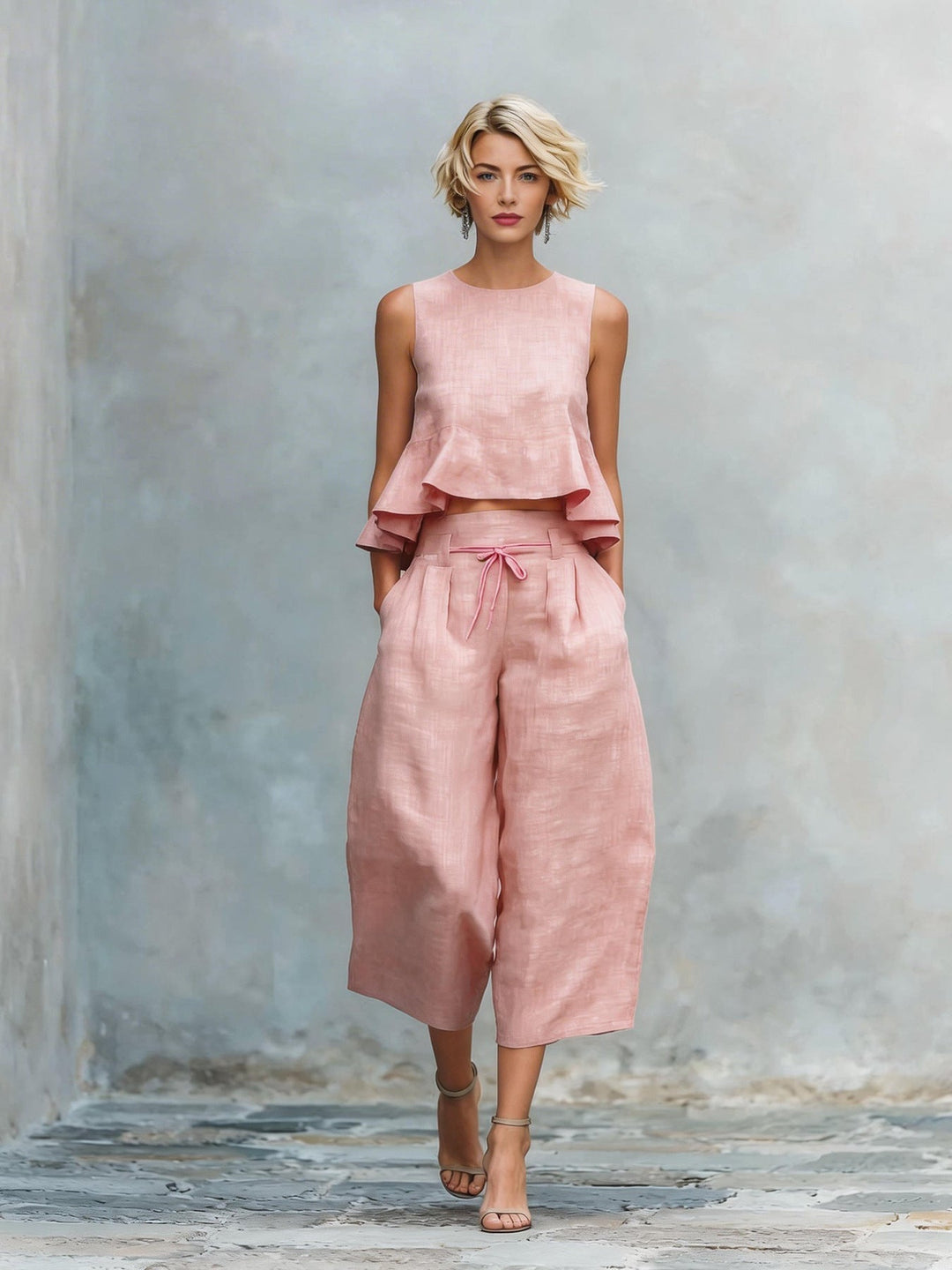 Women's Cotton Two-Piece Set Autumn Ruffle Top Wide-Leg Pants Set