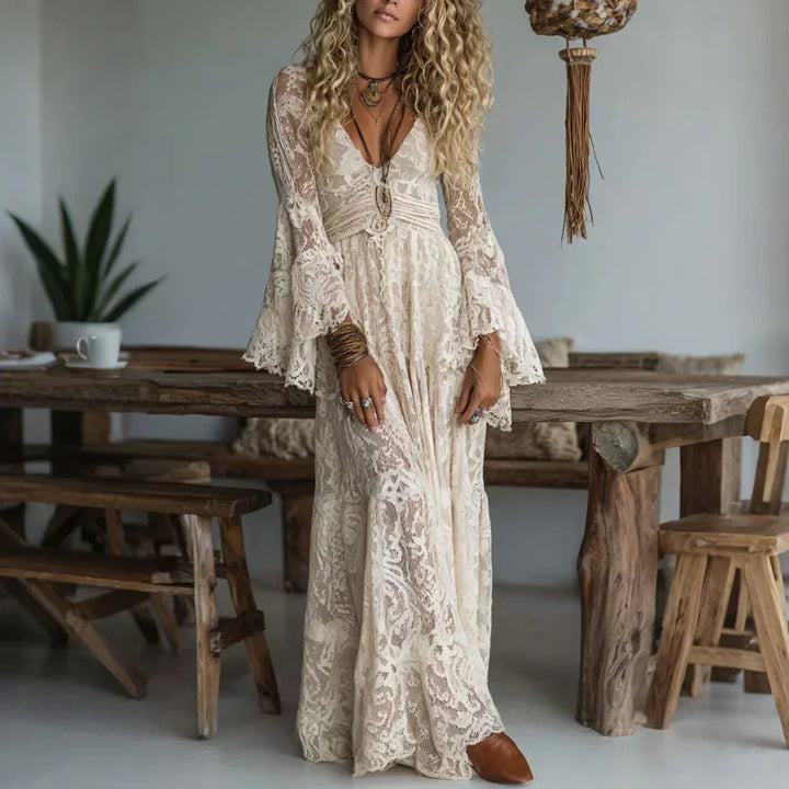 Women's Chiffon Long Vintage Lace Dress Autumn Evening Gown
