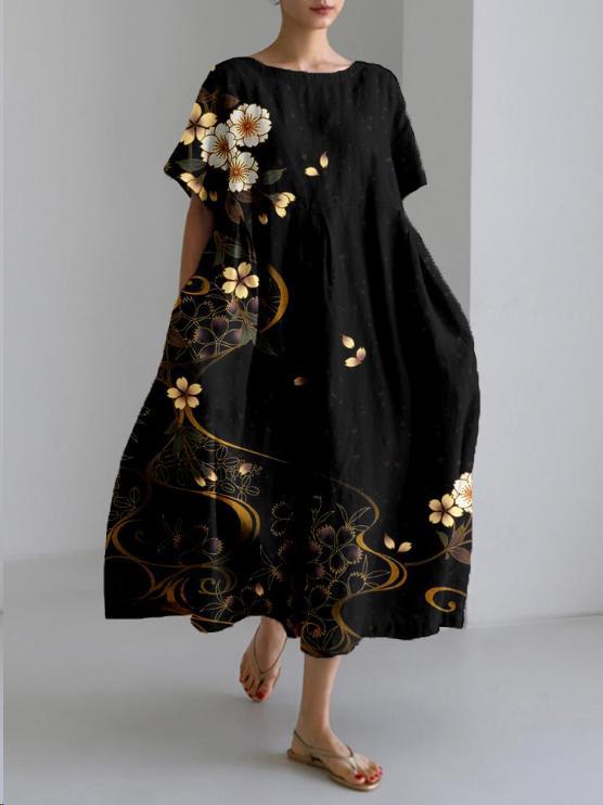 Women's Floral Maxi Dress with Cotton Linen Blend for Autumn Bohemian Style