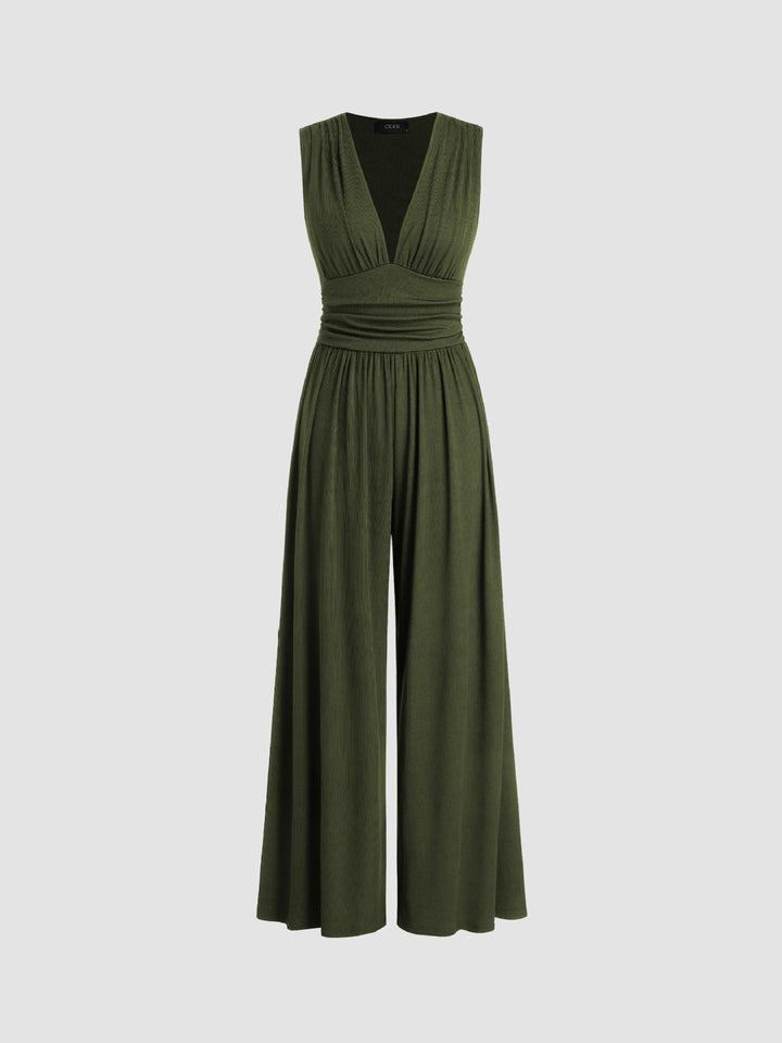 Women's Knit V-Neck Wide-Leg Jumpsuit Autumn Dressy Jumpsuit
