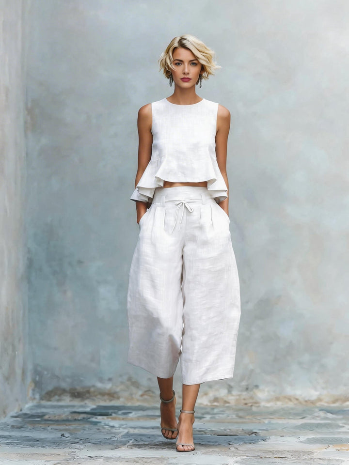 Women's Cotton Two-Piece Set Autumn Ruffle Top Wide-Leg Pants Set