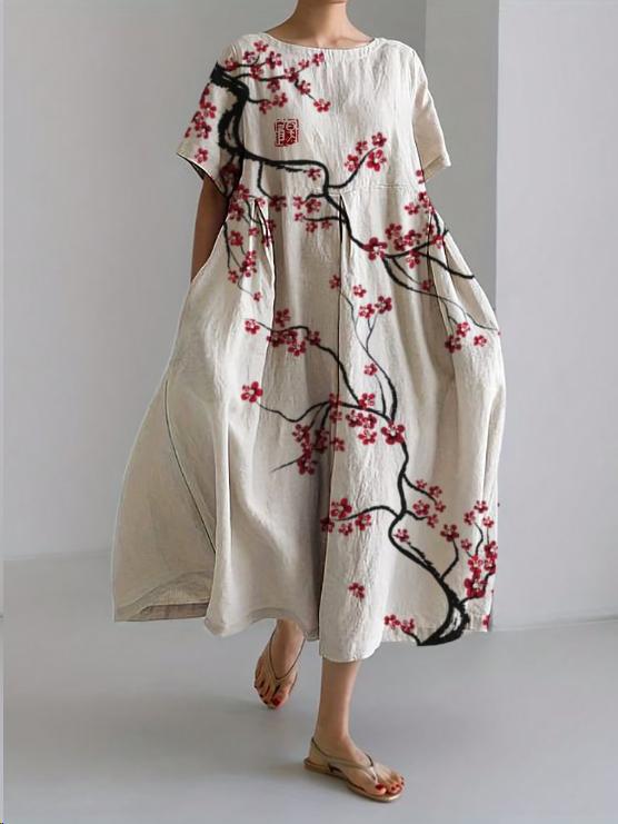 Women's Floral Maxi Dress with Cotton Linen Blend for Autumn Bohemian Style