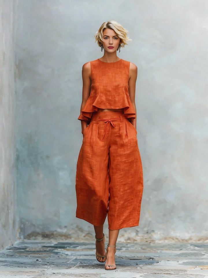 Women's Cotton Two-Piece Set Autumn Ruffle Top Wide-Leg Pants Set