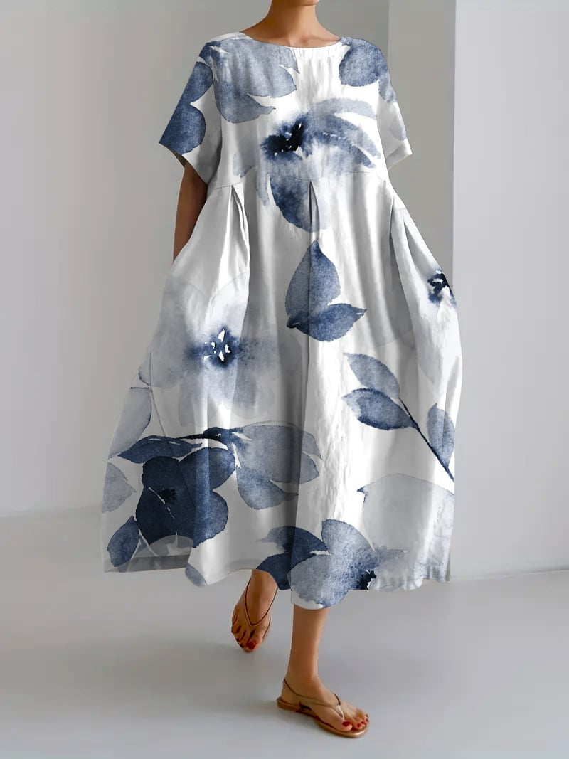 Women's Floral Maxi Dress with Cotton Linen Blend for Autumn Bohemian Style