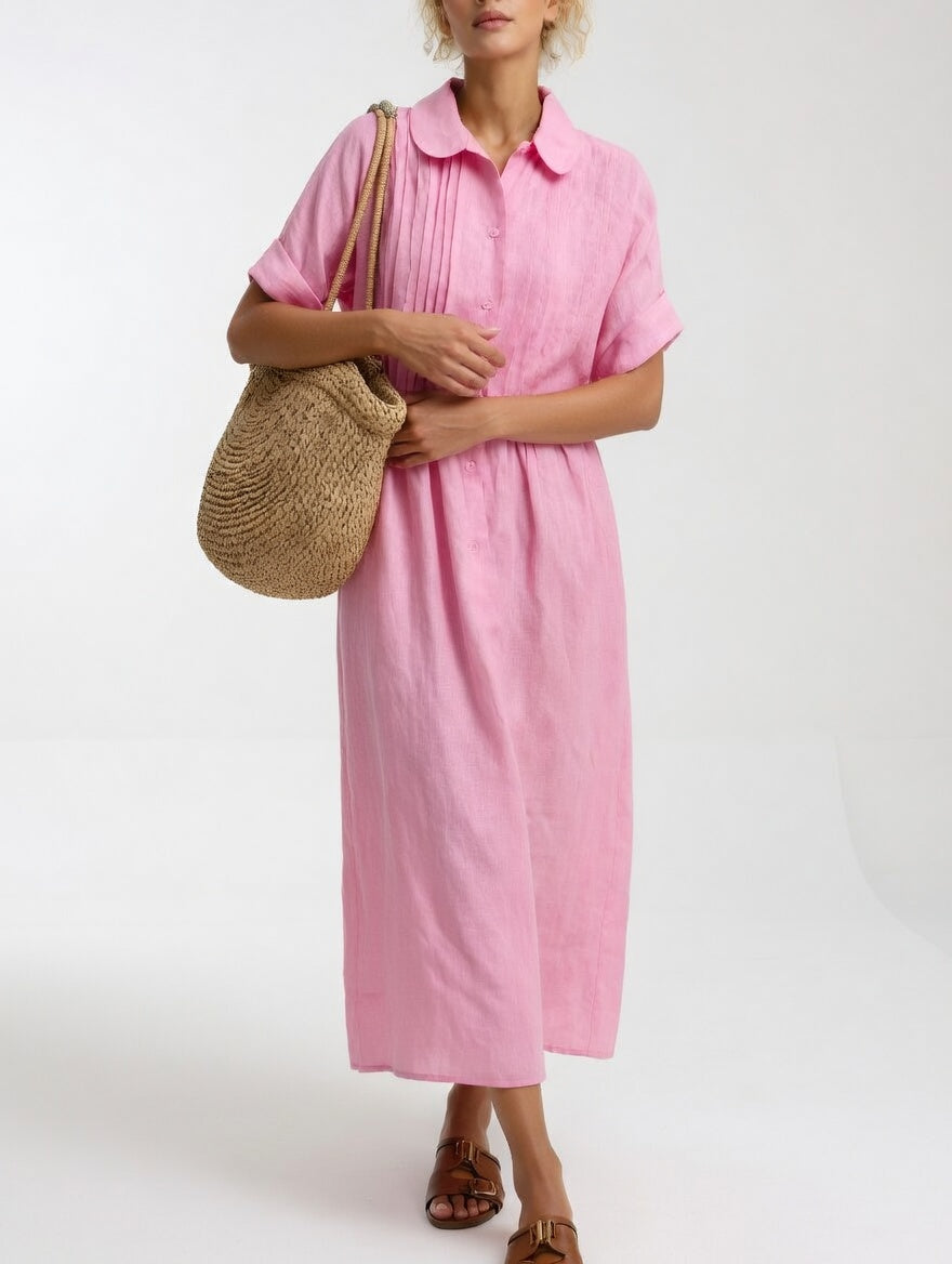 Women's Cotton Long Sleeve Pleated Shirt Dress Autumn Midi Top
