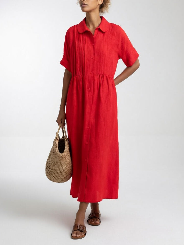 Women's Cotton Long Sleeve Pleated Shirt Dress Autumn Midi Top