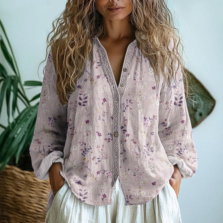 Women's Bohemian Floral Blouse with V-Neck and Long Sleeves for Autumn Style