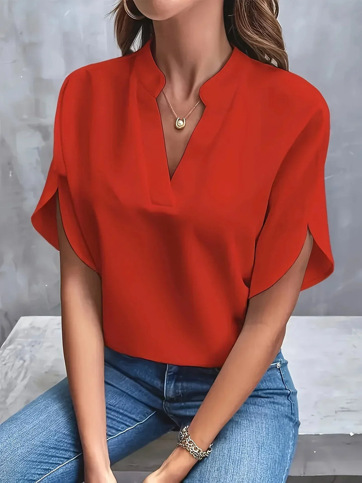 Women's Cotton V-Neck Blouse with Short Sleeves for Autumn Casual Wear