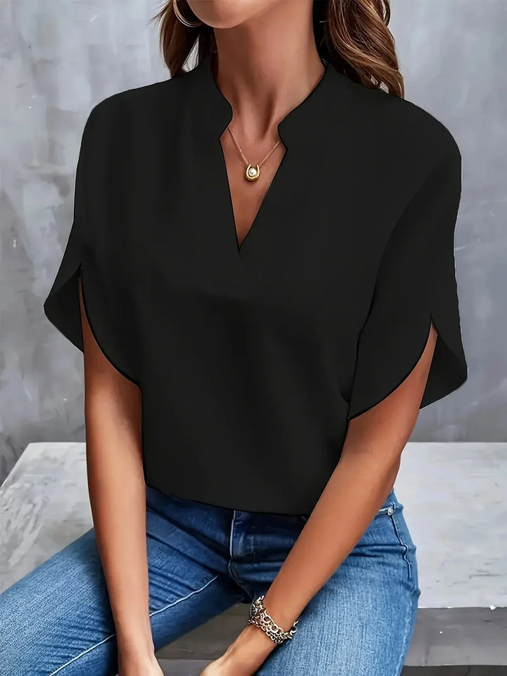 Women's Cotton V-Neck Blouse with Short Sleeves for Autumn Casual Wear