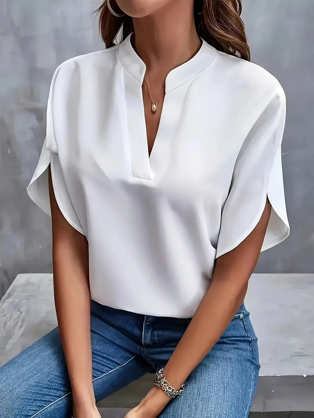 Women's Cotton V-Neck Blouse with Short Sleeves for Autumn Casual Wear