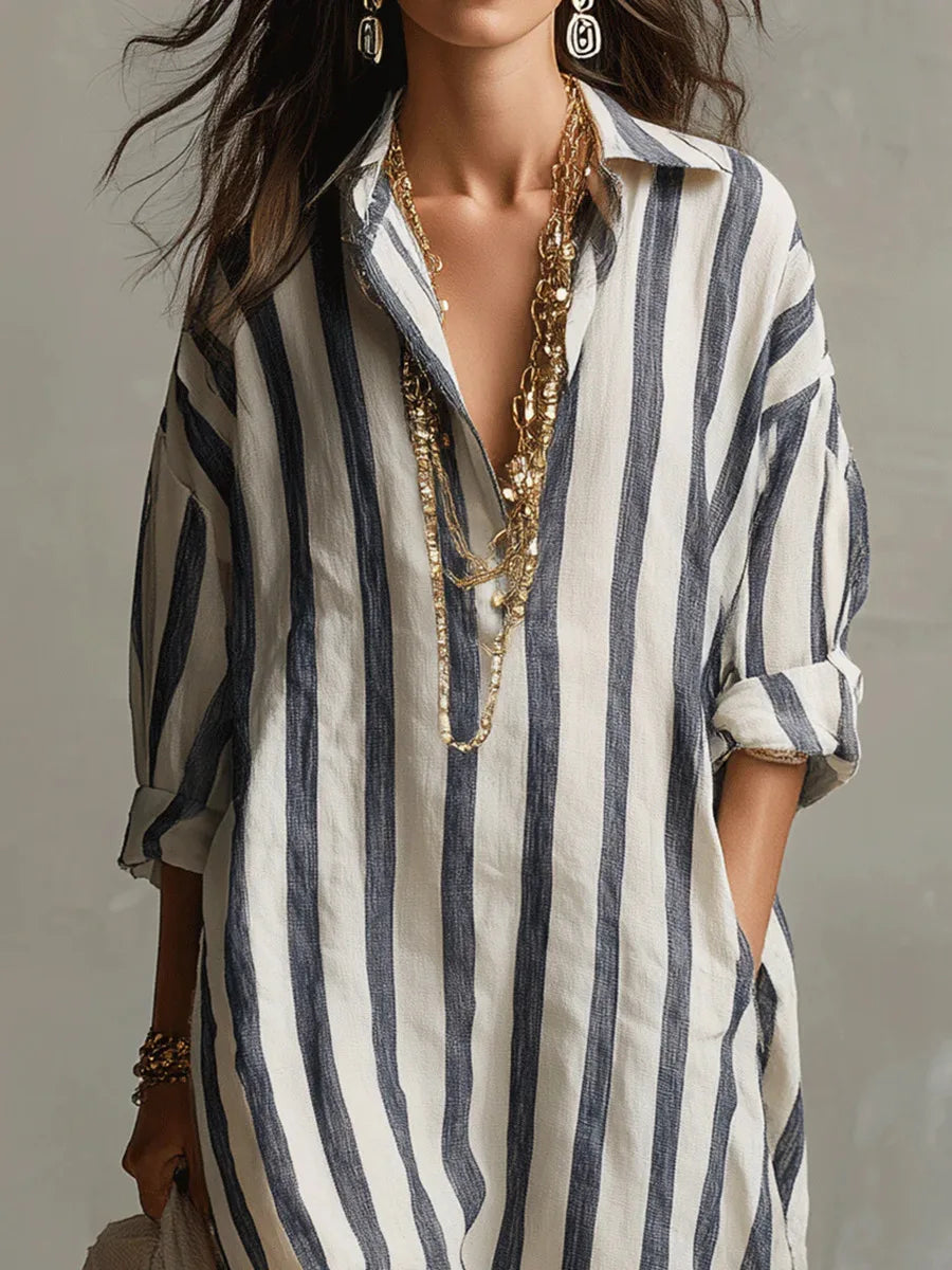 Women's Striped Long Shirt Dress Cotton Autumn Casual Outfit