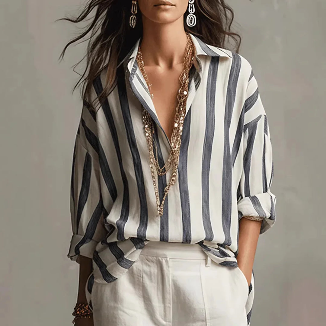 Women's Striped Blouse with Collar and Long Sleeves for Autumn Casual Wear