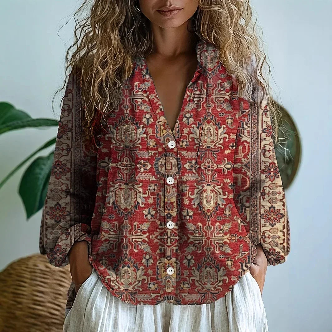 Women's Bohemian Floral Blouse with V-Neck and Long Sleeves for Autumn Style