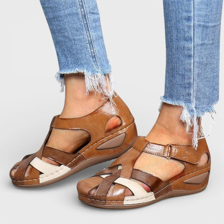 Women's Leather Sandals with Closed Toe and Crisscross Straps for Fall Walking Wear