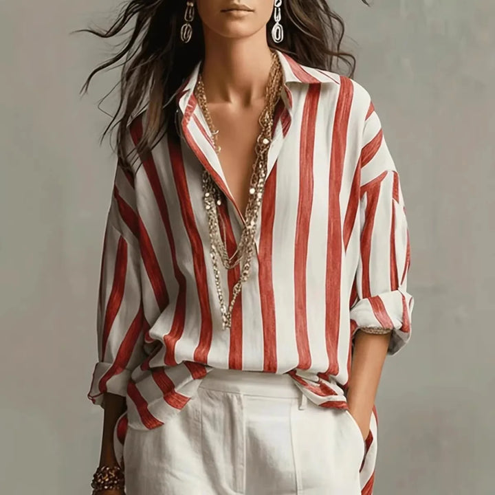 Women's Striped Blouse with Collar and Long Sleeves for Autumn Casual Wear