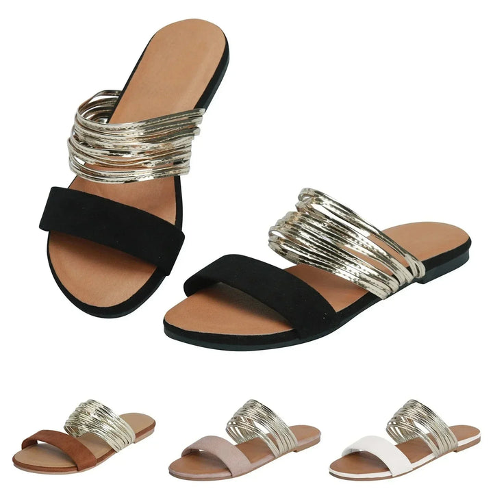 Women's Flat Strappy Sandals with Metallic Details for Autumn Casual Wear