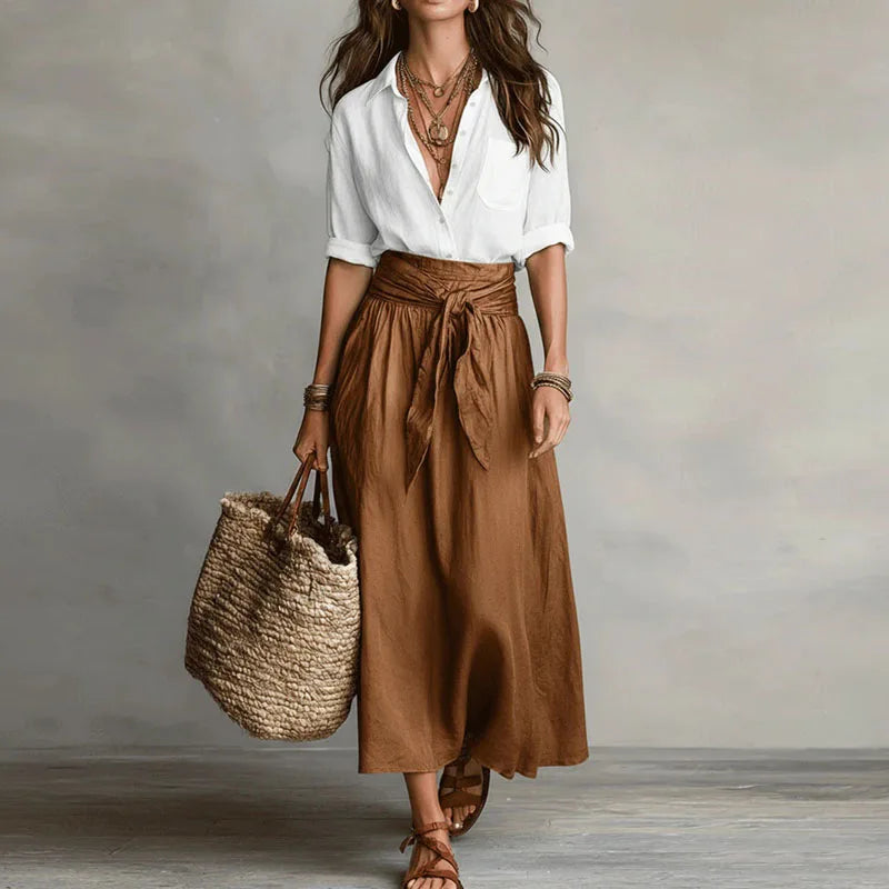 Women's Two-Piece Blouse and Midi Skirt Set with High-Waisted Tie Waist for Autumn