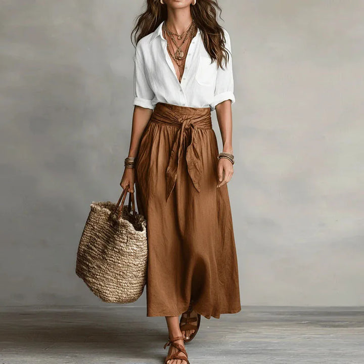 Women's Two-Piece Blouse and Midi Skirt Set with High-Waisted Tie Waist for Autumn