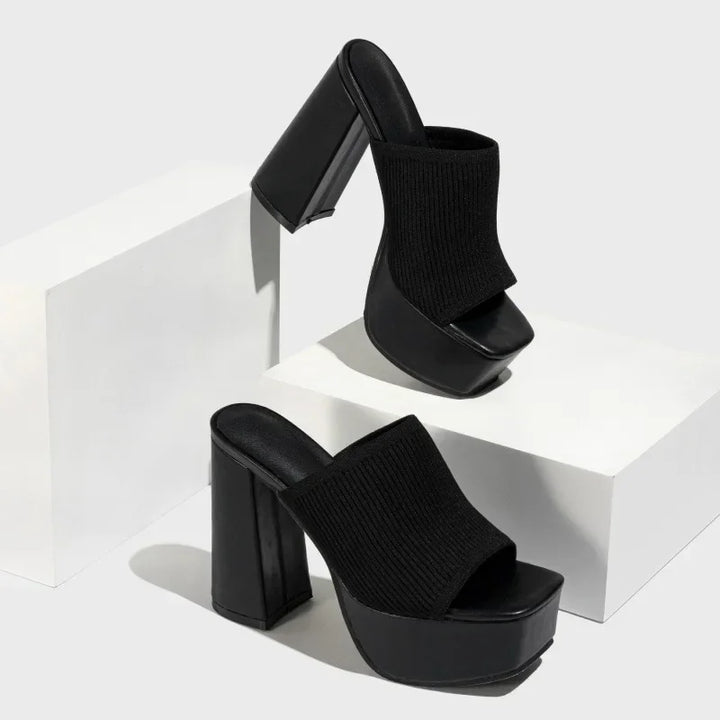 Women's Knit Platform Block Heel Sandals Spring Open Toe Slip-On Mules Chunky Heeled Slides