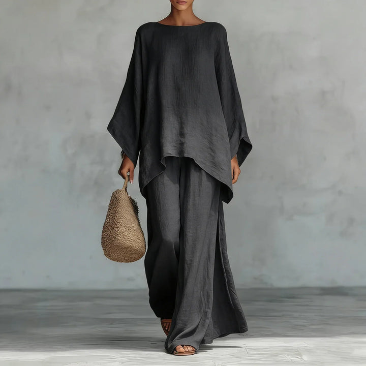 Women's Two-Piece Set with Asymmetrical Top and Wide-Leg Pants for Autumn