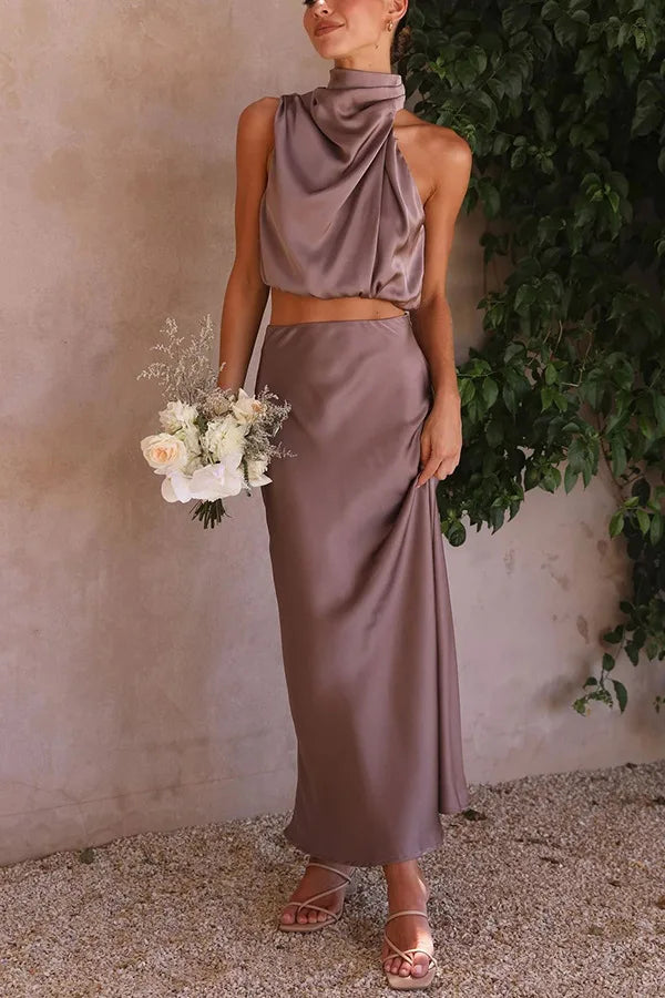 Women's Two-Piece Top and Long Skirt Set, Elegant Autumn Evening Outfit