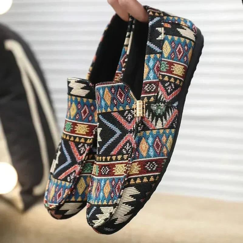 Men's Fabric Loafers Spring Slip-On Moccasins with Ethnic Print Casual Walking Shoes