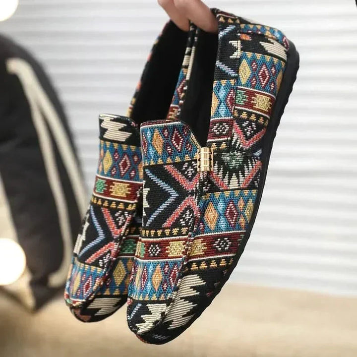 Men's Fabric Loafers Spring Slip-On Moccasins with Ethnic Print Casual Walking Shoes