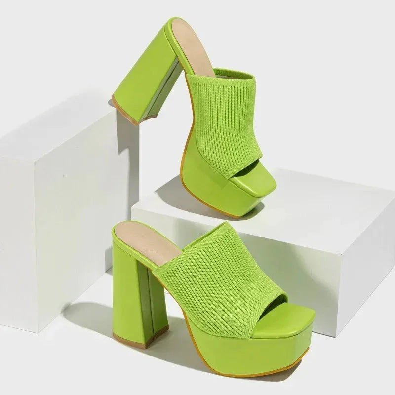 Women's Knit Platform Block Heel Sandals Spring Open Toe Slip-On Mules Chunky Heeled Slides