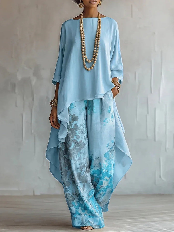 Women's Printed Set with an Asymmetric Top and Wide-Leg Pants