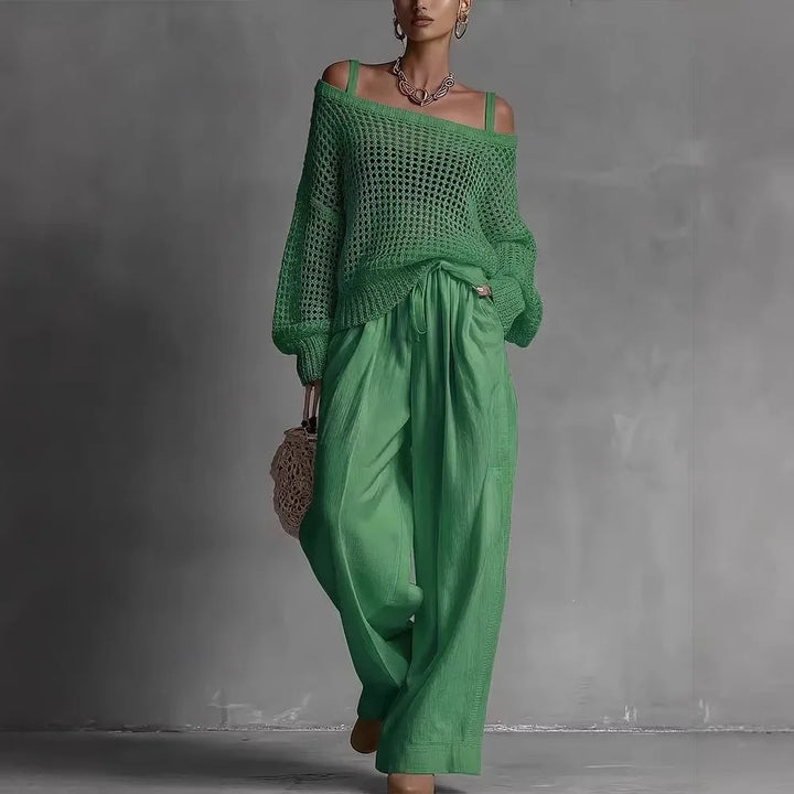 Women's Open Knit Two-Piece Set Spring Off Shoulder Sweater and Wide Leg Pants Outfit