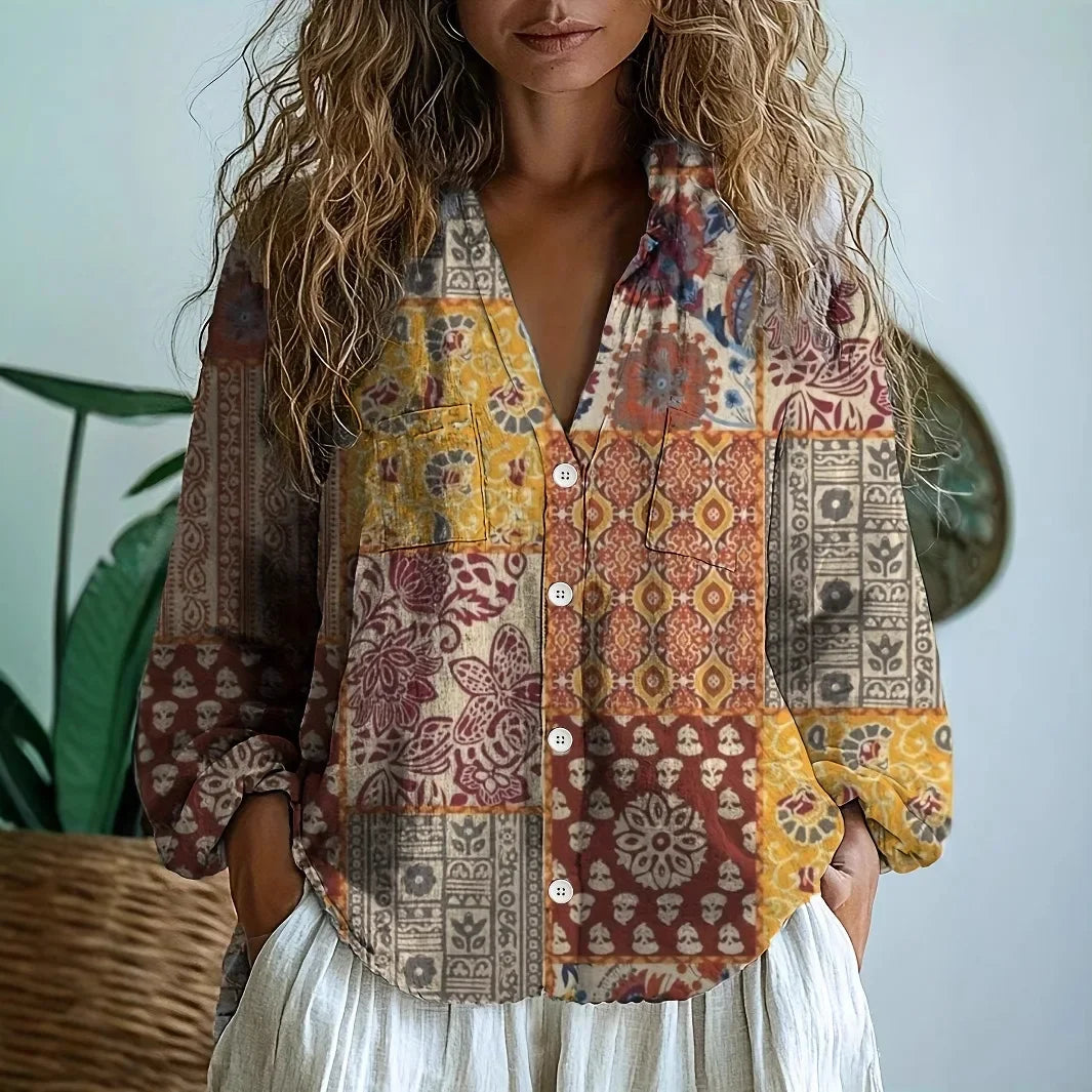 Women's Bohemian Floral Blouse with V-Neck and Long Sleeves for Autumn Style