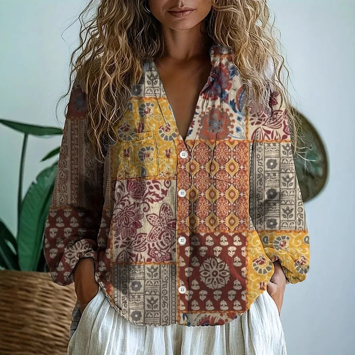Women's Bohemian Floral Blouse with V-Neck and Long Sleeves for Autumn Style