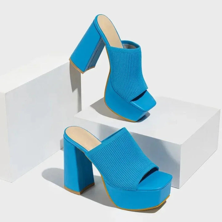 Women's Knit Platform Block Heel Sandals Spring Open Toe Slip-On Mules Chunky Heeled Slides
