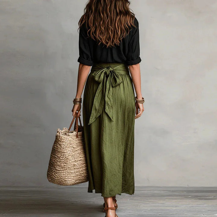 Women's Two-Piece Blouse and Midi Skirt Set with High-Waisted Tie Waist for Autumn