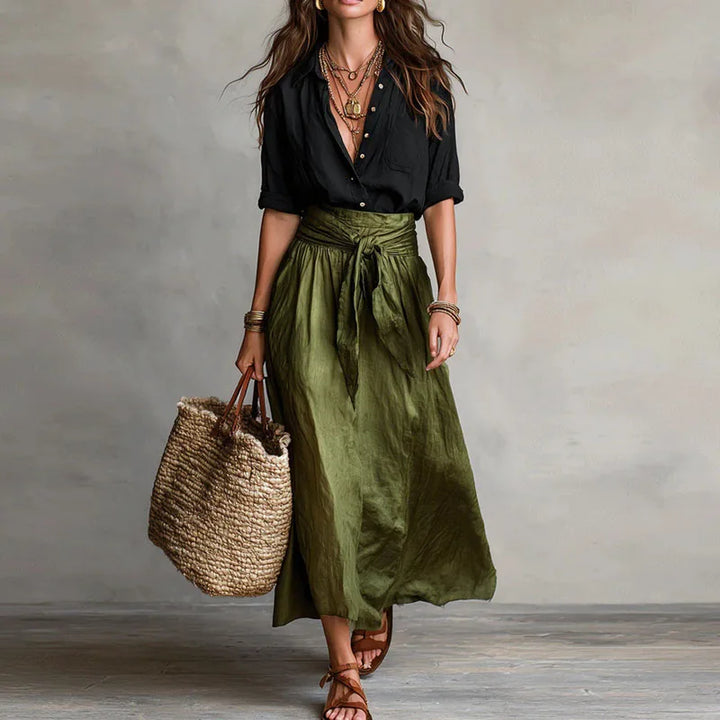 Women's Two-Piece Blouse and Midi Skirt Set with High-Waisted Tie Waist for Autumn